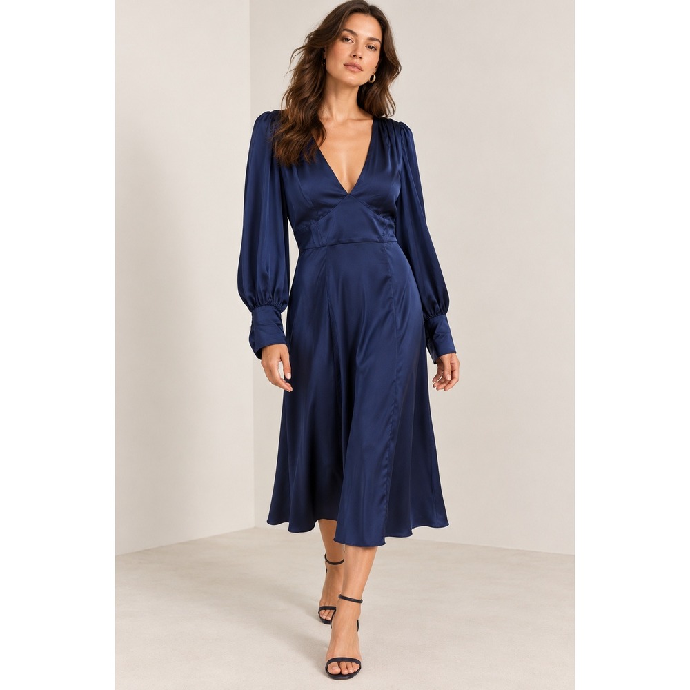 NWT Alexia Admor Midi Dress Women 6 Navy Satin V-Neck Bishop Sleeve Art Deco
